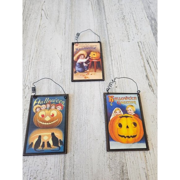 Wooden pumpkin Halloween postcard ornament shabby chic children unique tree cat - Picture 1 of 5